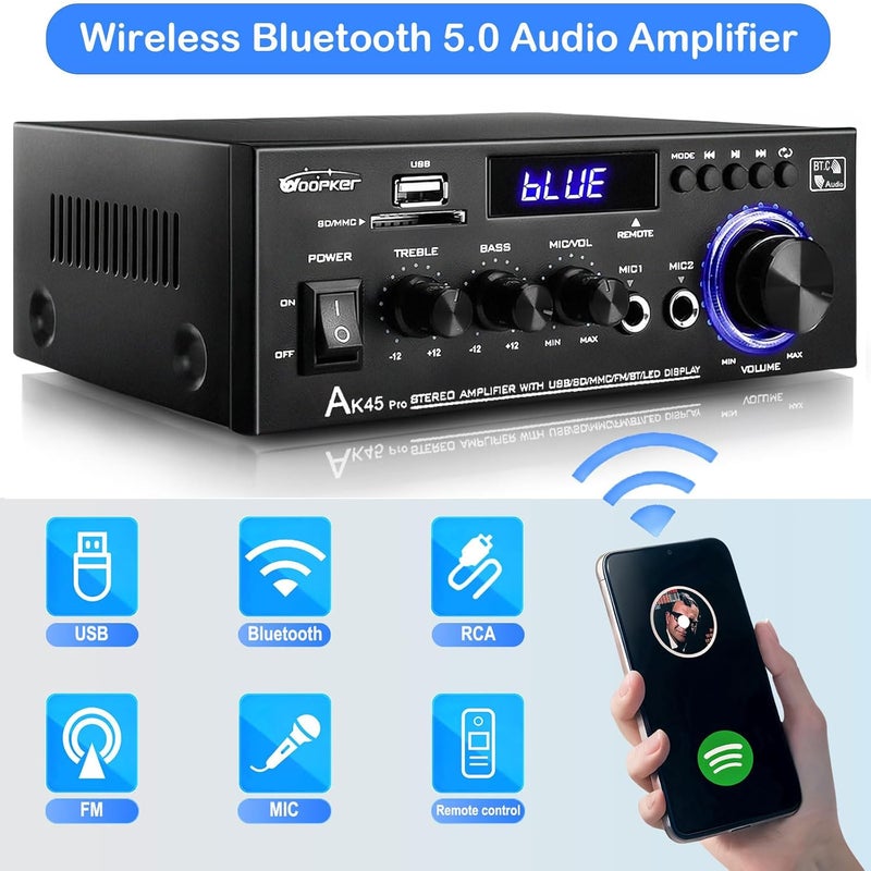 WOOPKER AK45 Pro Stereo Amplifier Home Audio, Stereo Receivers with Bluetooth 5.0,Max 400W, 2.0 Channel Audio Receiver for Home Theater Speakers w/USB/SD/RCA/2 MIC in for Karaok - Image 4